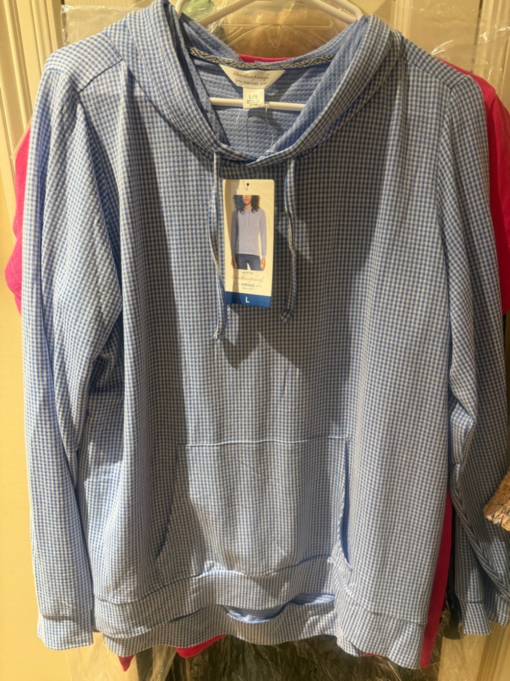 Weatherproof Blue and White Gingham Lightweight Hooded High-Low Jacket